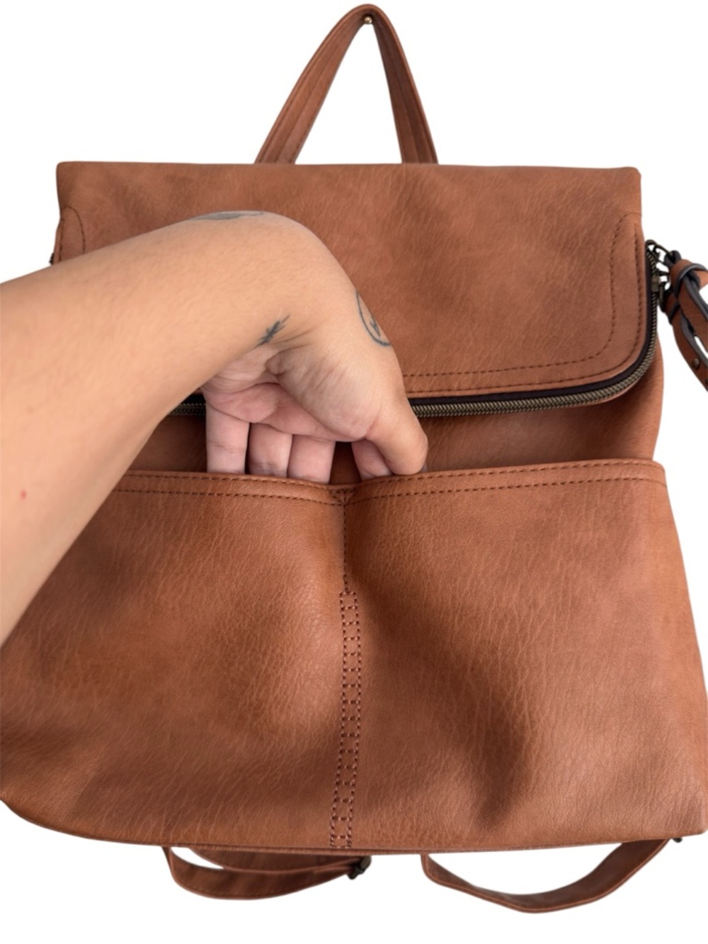 Classic Brown Leatherette Backpack Tote - Women's Bag - Picture 2 of 7
